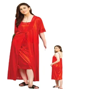 Bridal Nighty Set Long Sleepwear Red Color Honeymoon Nighty Silk Nighty Set for Women