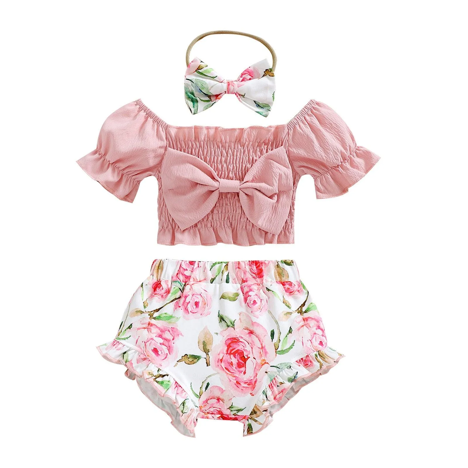 Bubble Sleeve Bow Top Printed Shorts hair Band Three-piece Suit