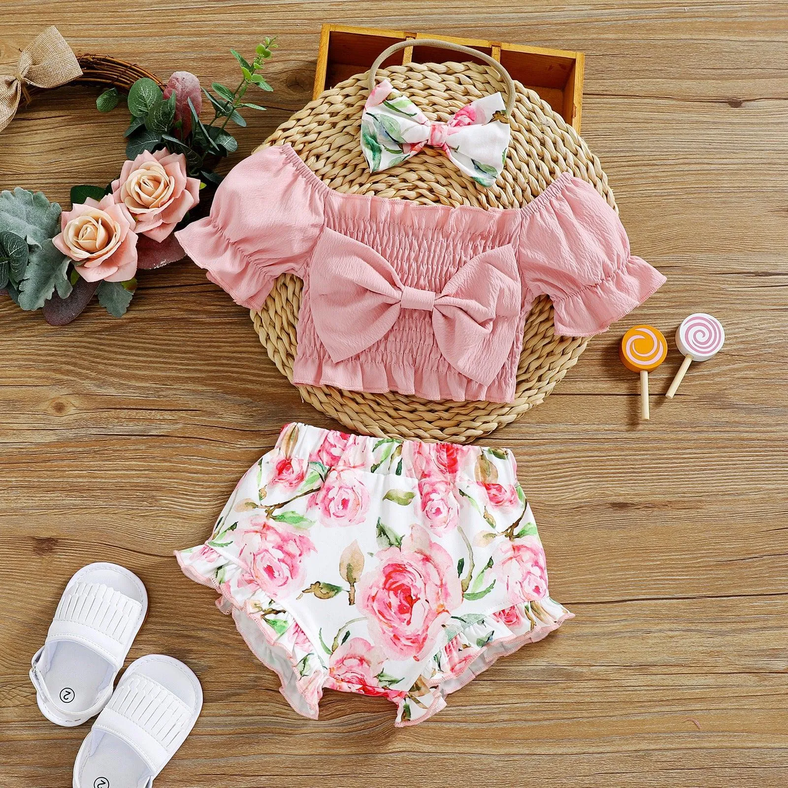 Bubble Sleeve Bow Top Printed Shorts hair Band Three-piece Suit