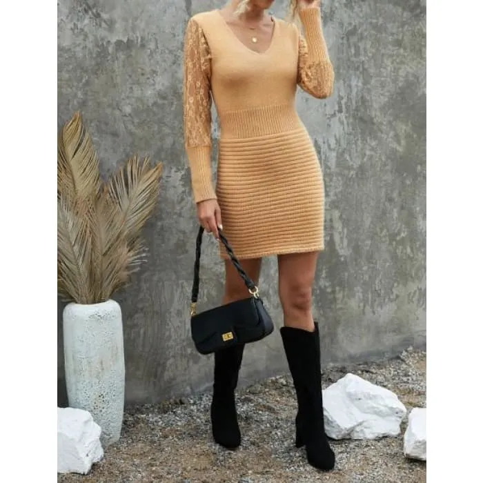 Camel Lace Sleeve Sweater Dress