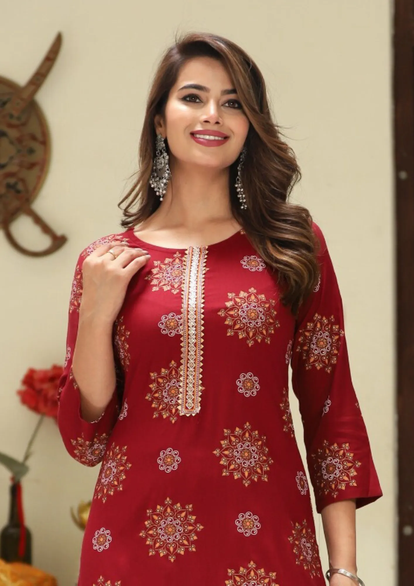 Charming Maroon Color Snow Gold print Design Kurti With Embroidery Work