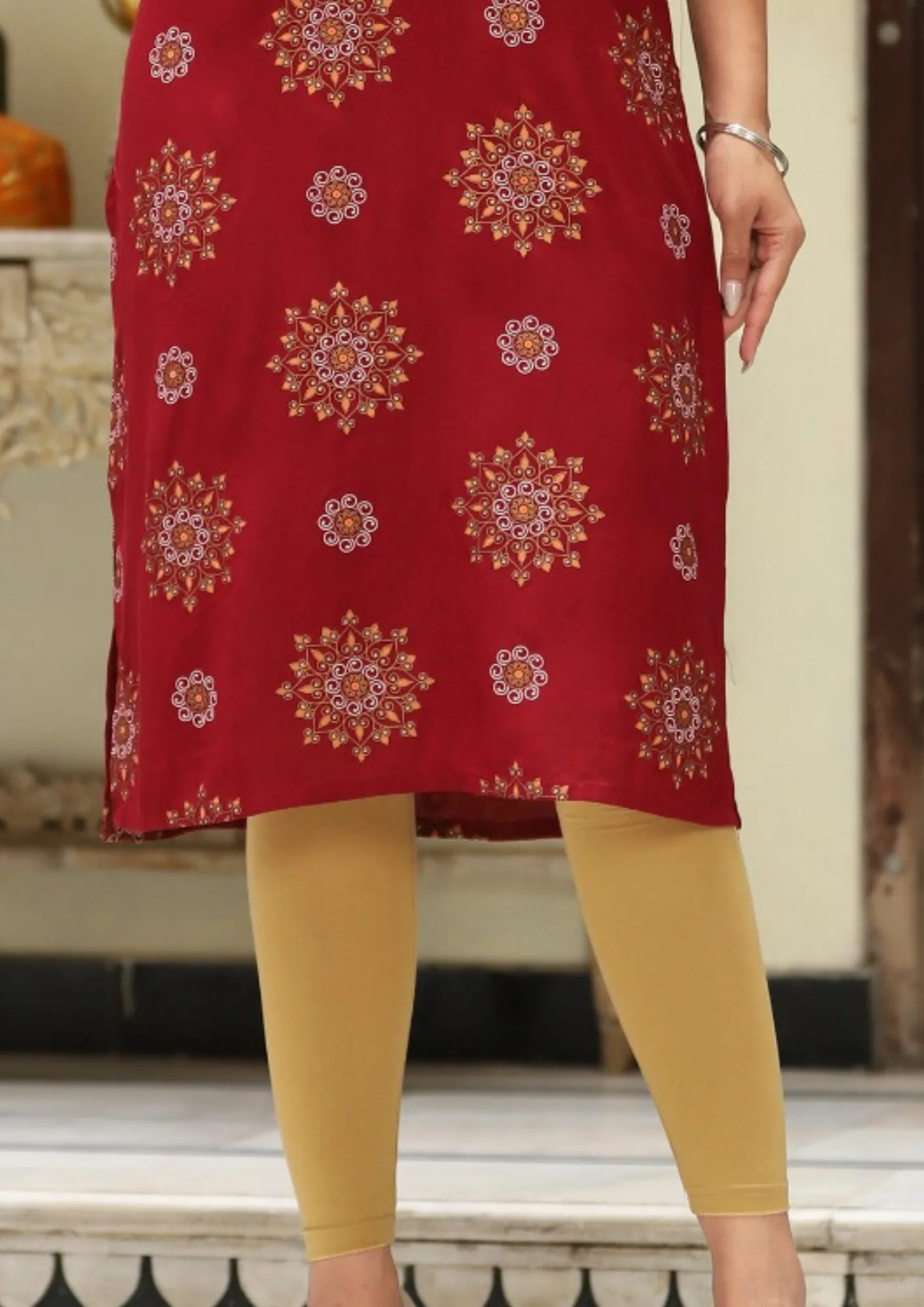 Charming Maroon Color Snow Gold print Design Kurti With Embroidery Work