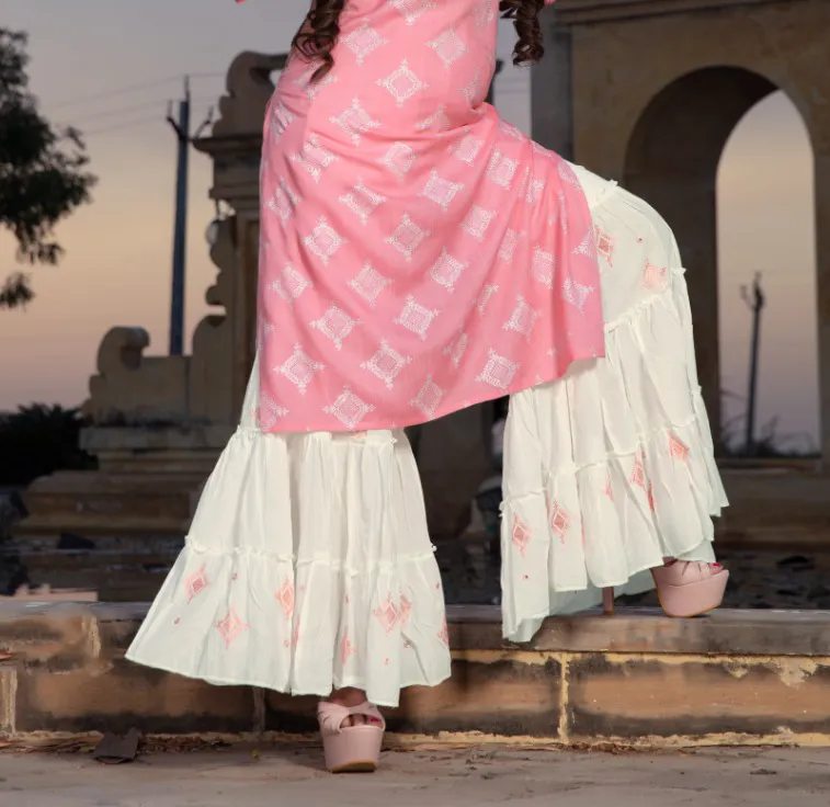 Charming Pink Premium Rayon Kurti With White Sharara Pants