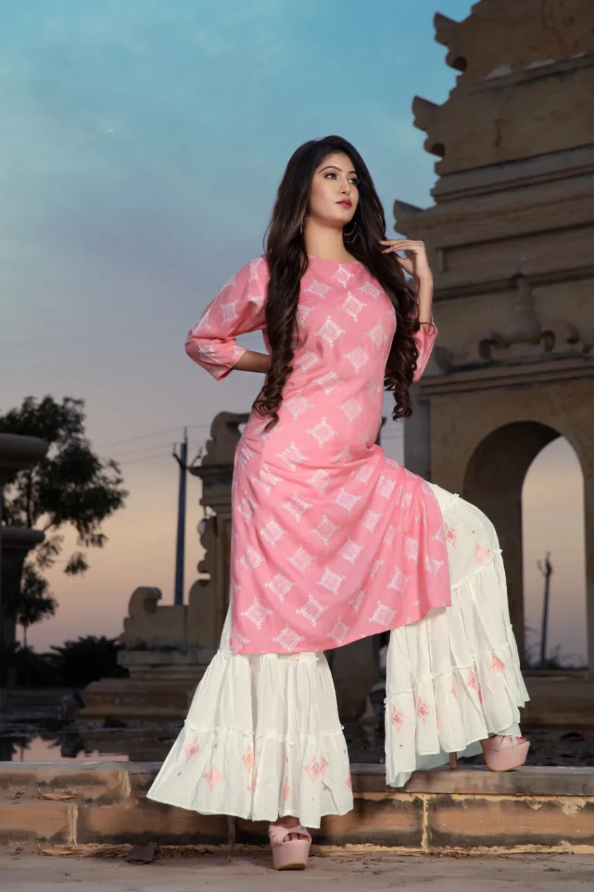 Charming Pink Premium Rayon Kurti With White Sharara Pants