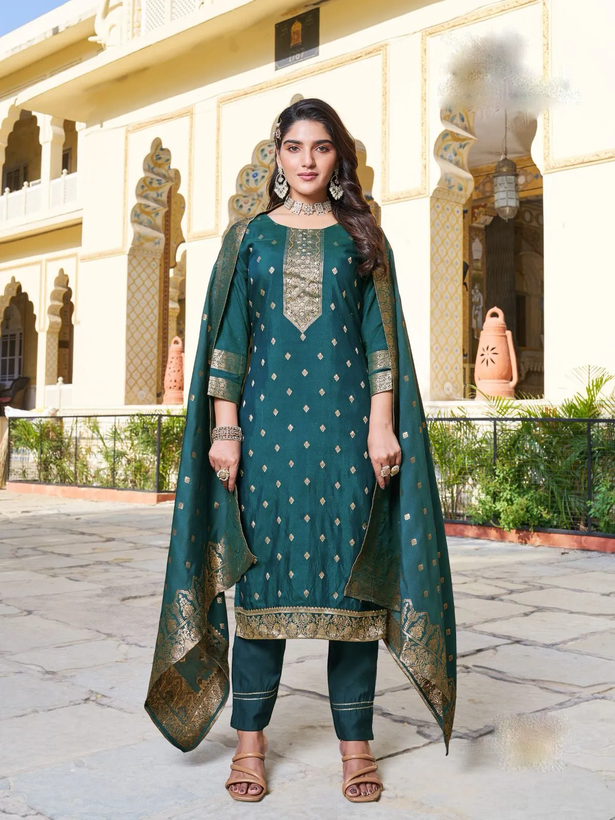 Charming Teal Blue Color Designer Jacquard And Khatli Work Salwar Suits With Dupatta For Women