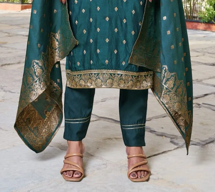 Charming Teal Blue Color Designer Jacquard And Khatli Work Salwar Suits With Dupatta For Women