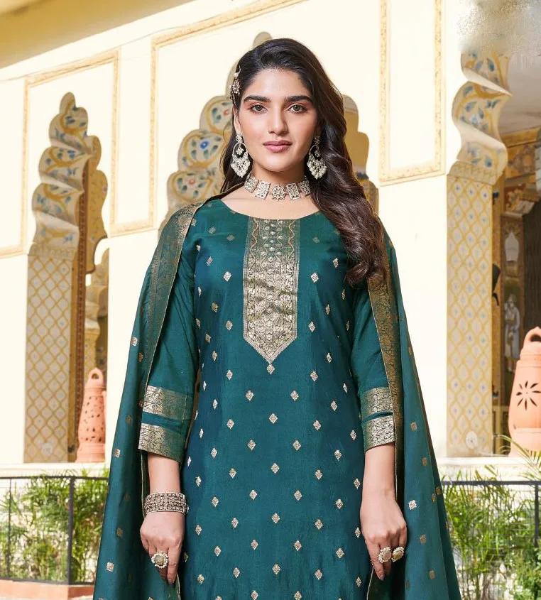 Charming Teal Blue Color Designer Jacquard And Khatli Work Salwar Suits With Dupatta For Women