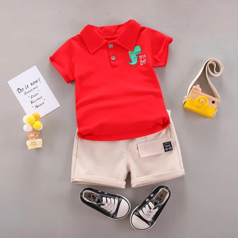 Children's Suit Solid Color POLO Dinosaur Printing Short-sleeved Shorts Summer Cotton Two-piece Set