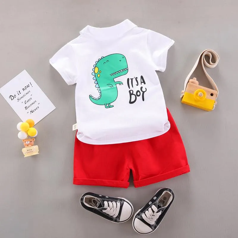 Children's Suit Solid Color POLO Dinosaur Printing Short-sleeved Shorts Summer Cotton Two-piece Set