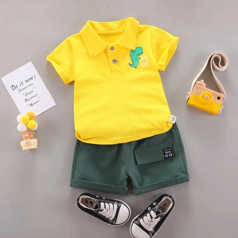 Children's Suit Solid Color POLO Dinosaur Printing Short-sleeved Shorts Summer Cotton Two-piece Set