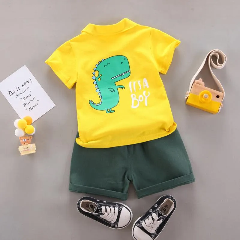 Children's Suit Solid Color POLO Dinosaur Printing Short-sleeved Shorts Summer Cotton Two-piece Set