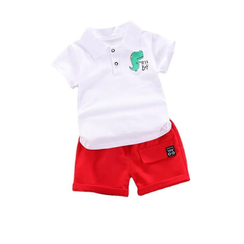 Children's Suit Solid Color POLO Dinosaur Printing Short-sleeved Shorts Summer Cotton Two-piece Set