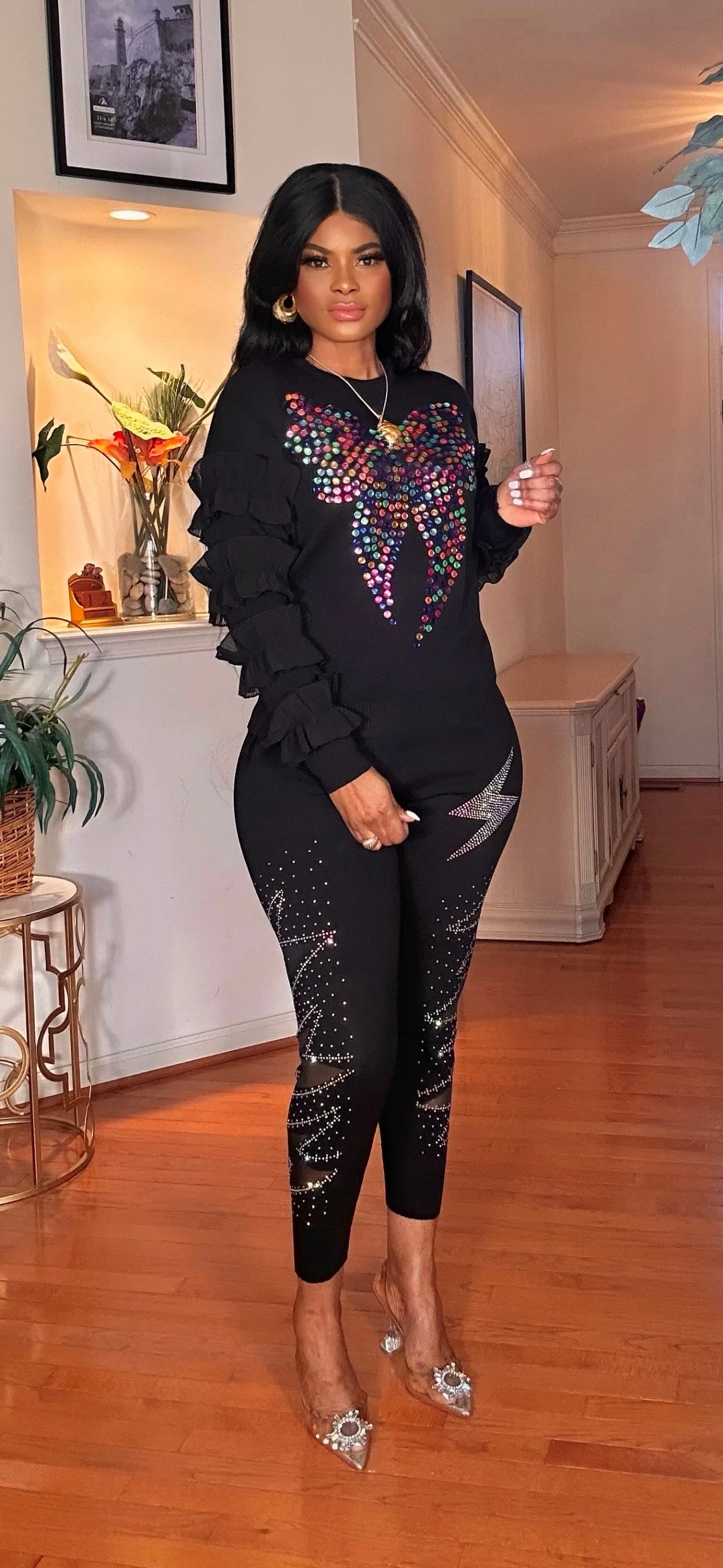 COLORED RHINESTONE SWEATER JOGGER KNIT SET(BLACK)