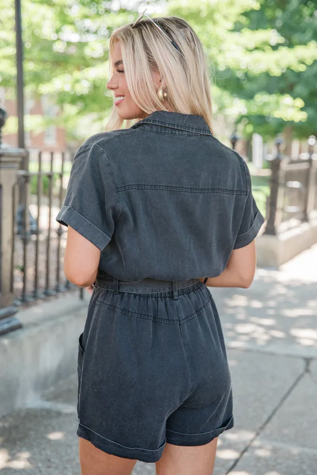 Come Out In The Wash Chambray Black Acid Wash Lightweight Romper