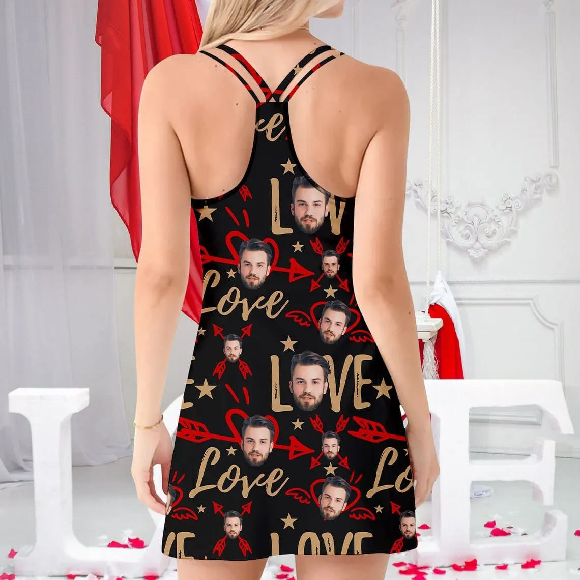 Custom Face Love Heart Women's Cami Racer Back Nightdresses Valentine's Day Pajama Gifts for Her