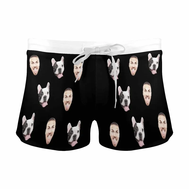 Custom Face Pet Black Men's Swimwear Short Swim Trunks with Zipper Pocket Personalized Surfing Square Leg Board Shorts