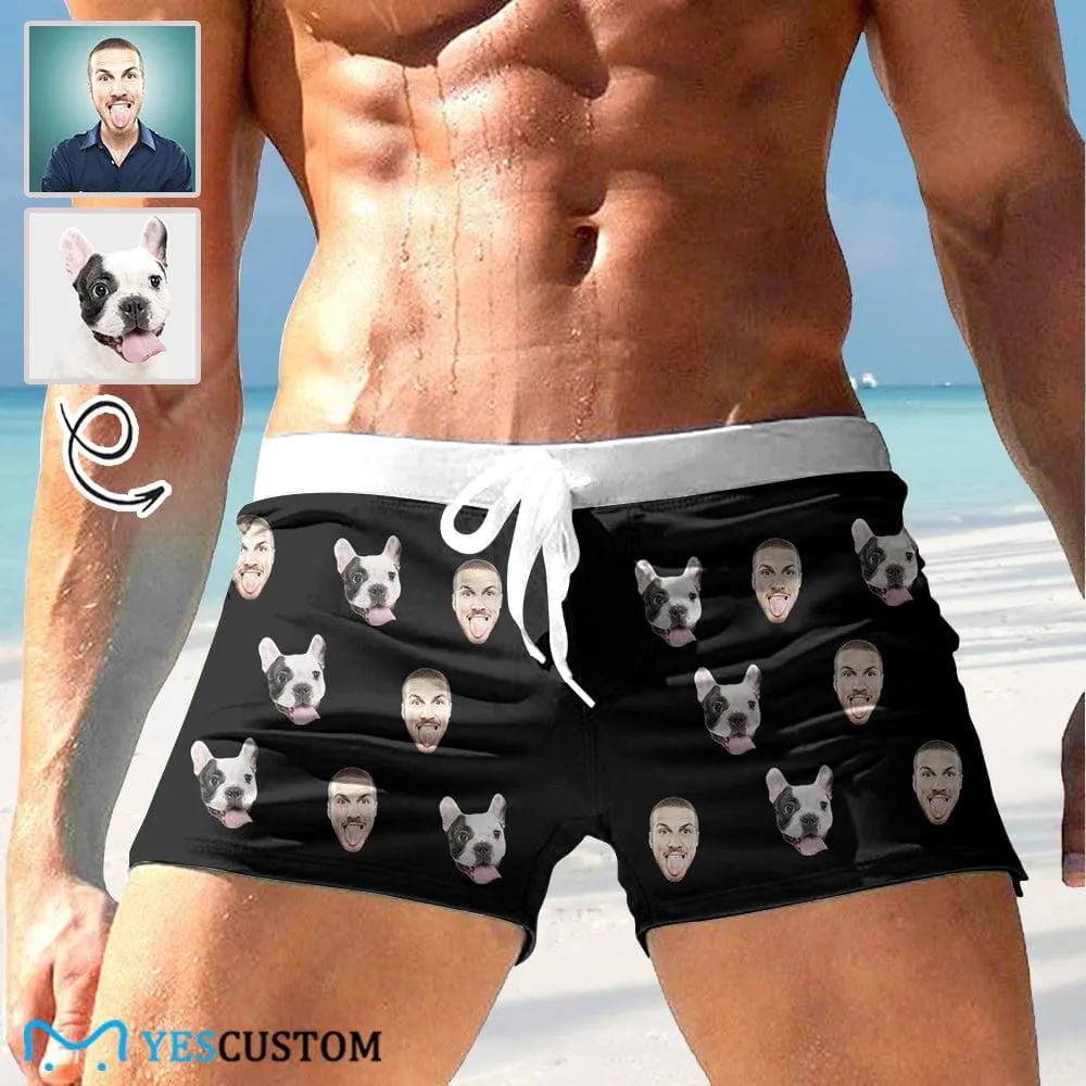 Custom Face Pet Black Men's Swimwear Short Swim Trunks with Zipper Pocket Personalized Surfing Square Leg Board Shorts