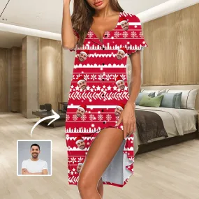 Custom Face Red Christmas Women's Nightshirt Short Sleeve Button Down Nightgown V-Neck Sleepwear Pajama Dress