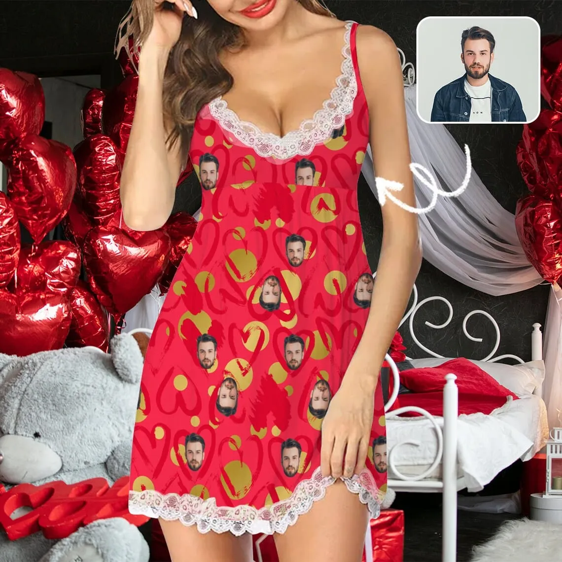 Custom Face Red Heart Women's Cami V-Neck Lace Suspenders Nightdress Valentine's Day Pajama Gifts for Her