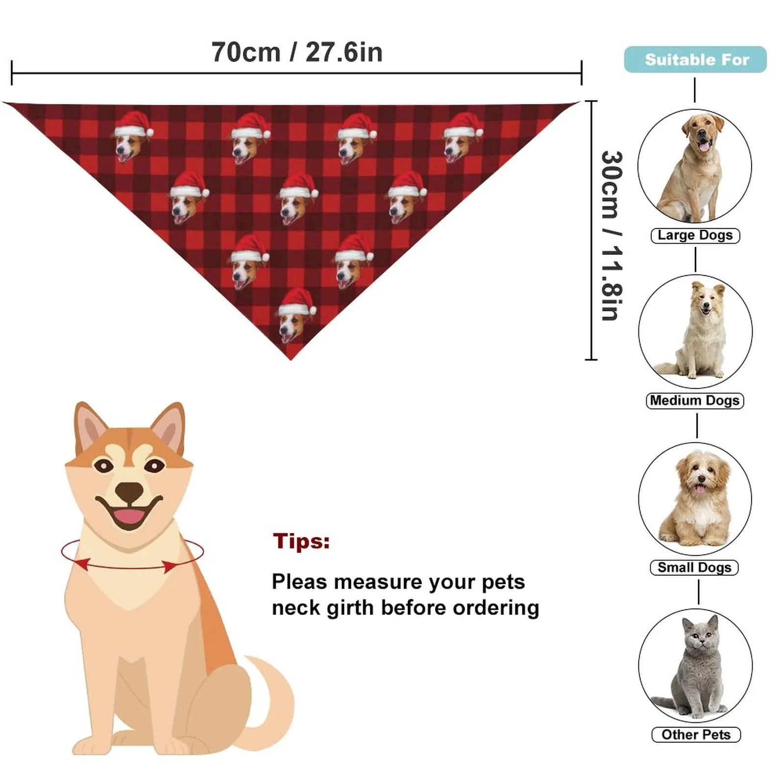 Custom Face Red Plaid Christmas Hat Pajama Pants and Pet Dog Bandana