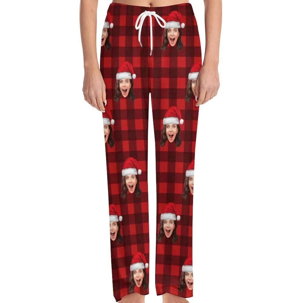 Custom Face Red Plaid Christmas Hat Pajama Pants and Pet Dog Bandana