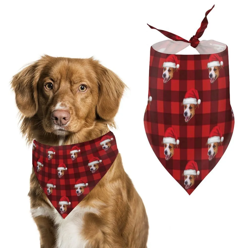 Custom Face Red Plaid Christmas Hat Pajama Pants and Pet Dog Bandana