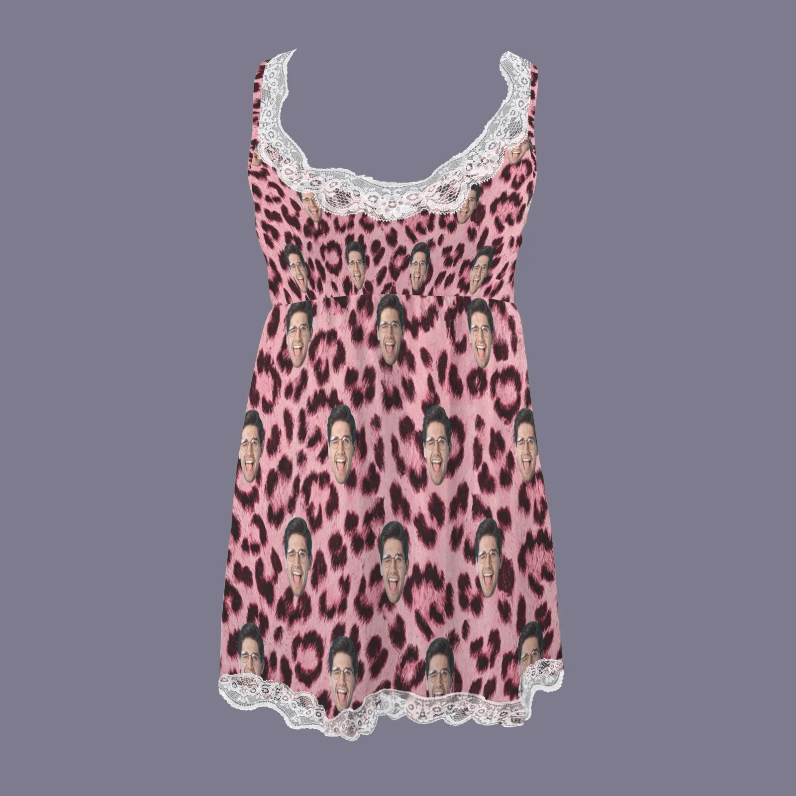 Custom Husband Face Leopard Print Women Lace Sleepwear Back Closure V Neck Nightwear Sexy Chemise Nightie