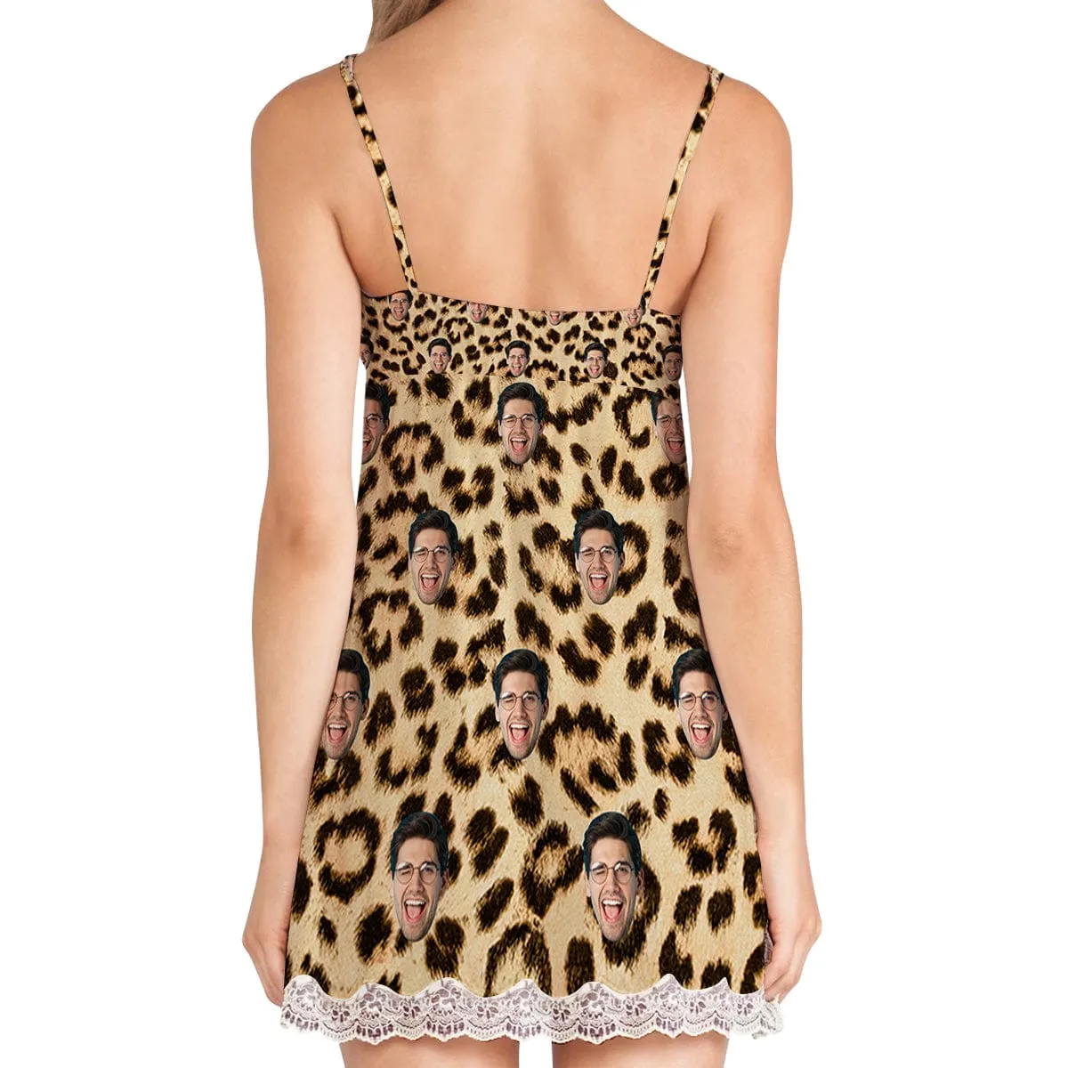 Custom Husband Face Leopard Print Women Lace Sleepwear Back Closure V Neck Nightwear Sexy Chemise Nightie