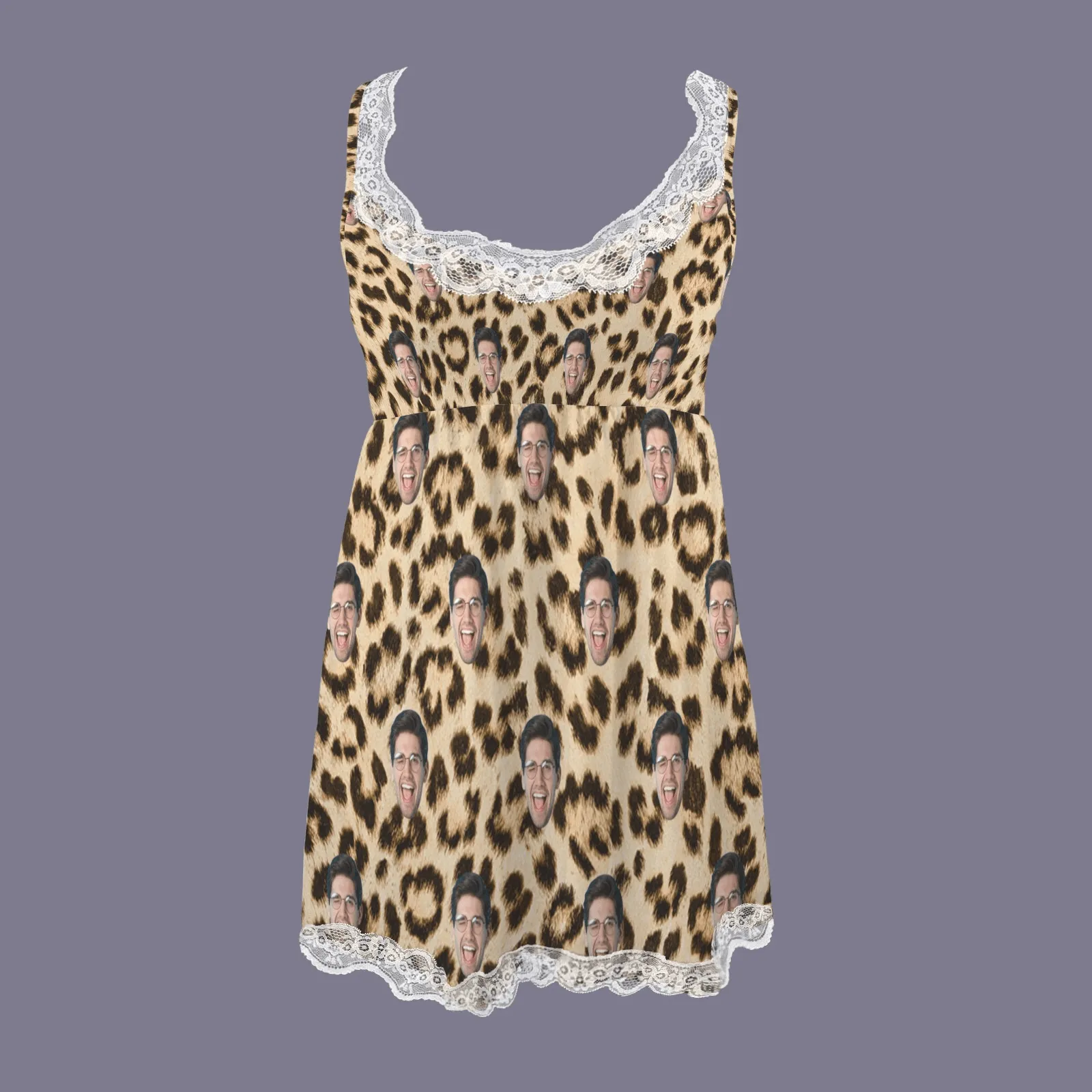 Custom Husband Face Leopard Print Women Lace Sleepwear Back Closure V Neck Nightwear Sexy Chemise Nightie