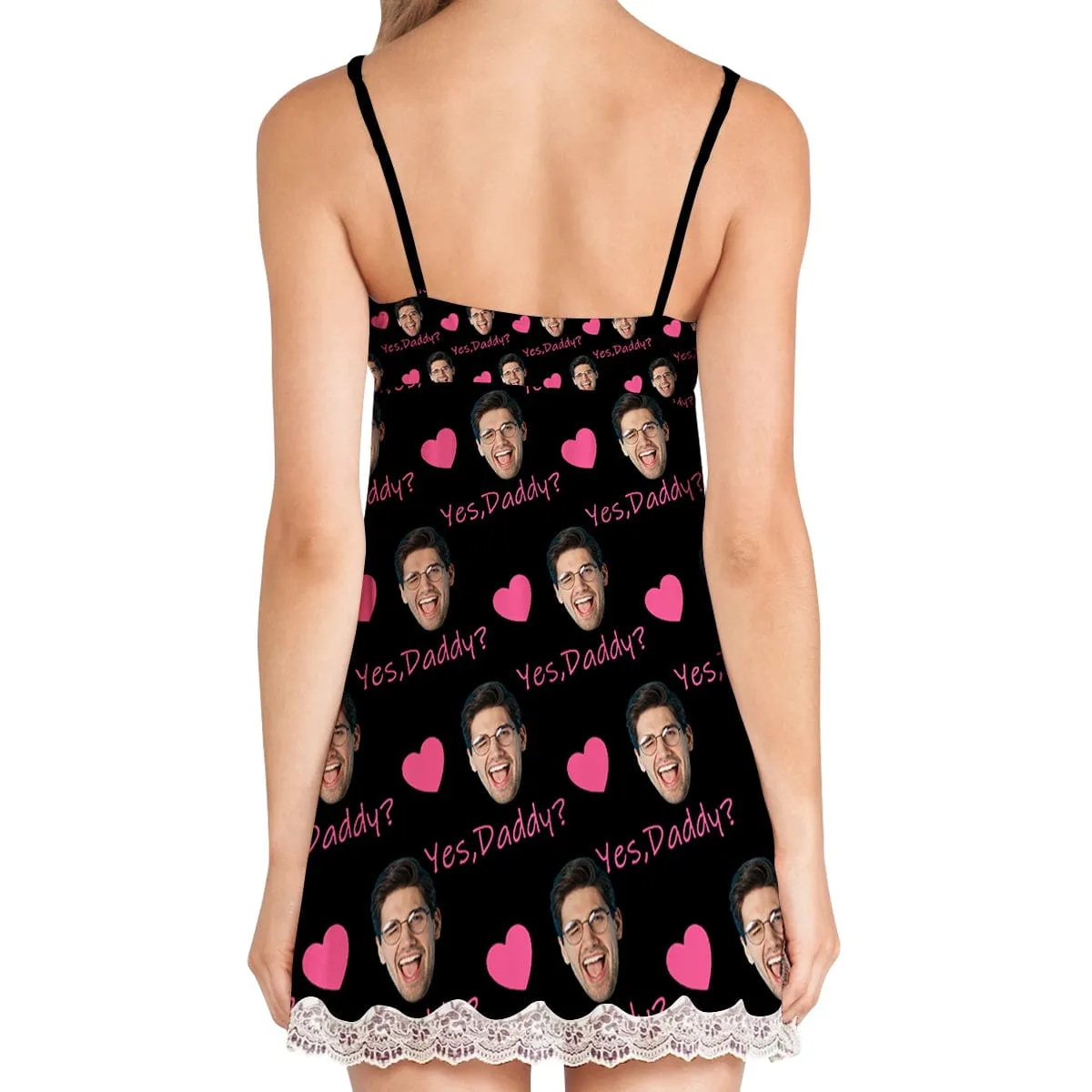 Custom Husband Face Yes,Daddy? Women Lace Sleepwear Back Closure V Neck Nightwear Sexy Chemise Nightie