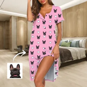 Custom Pet Face Pink Women's Nightshirt Short Sleeve Button Down Nightgown V-Neck Sleepwear Pajama Dress