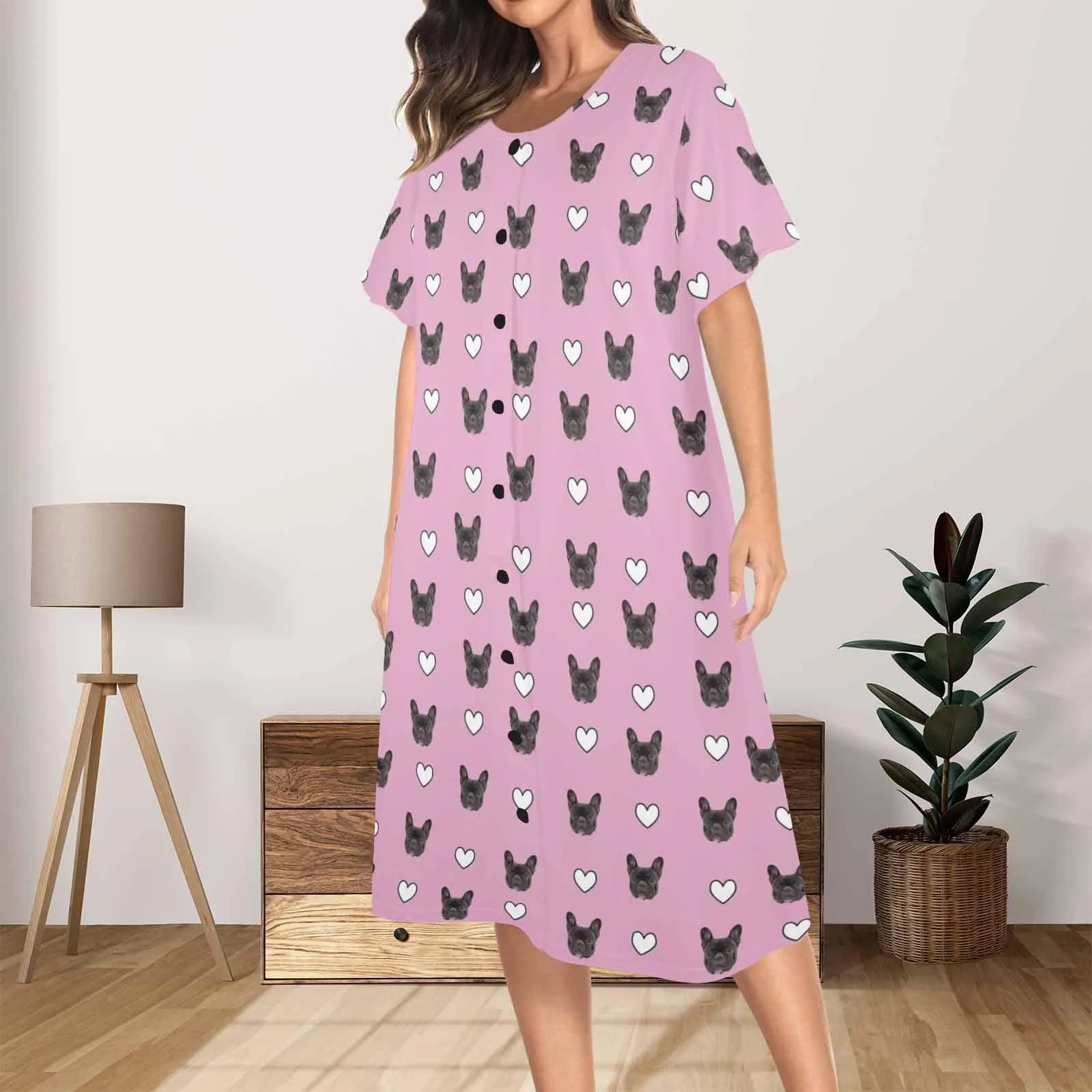 Custom Pet Face Pink Women's Nightshirt Short Sleeve Button Down Nightgown V-Neck Sleepwear Pajama Dress