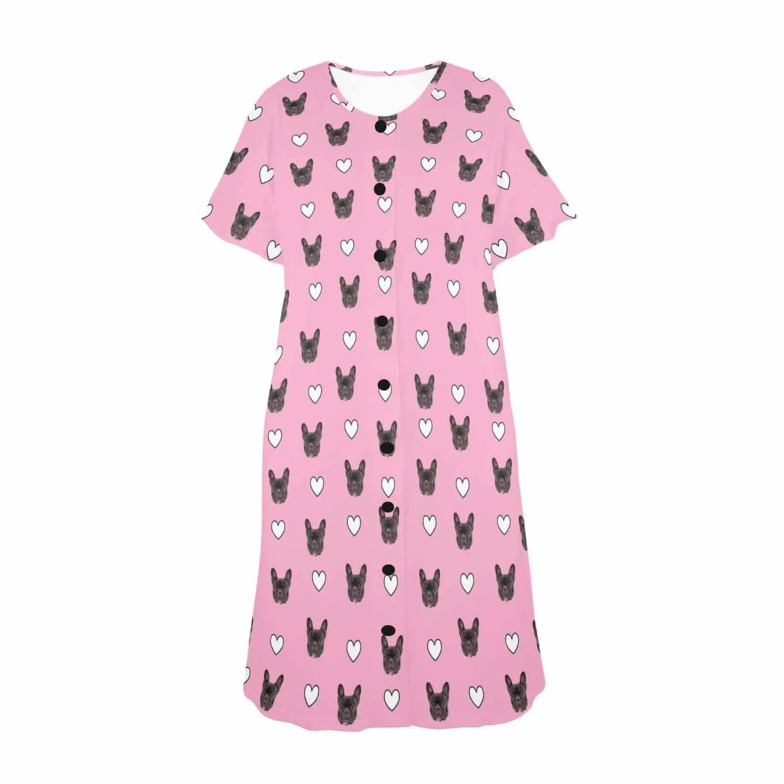 Custom Pet Face Pink Women's Nightshirt Short Sleeve Button Down Nightgown V-Neck Sleepwear Pajama Dress