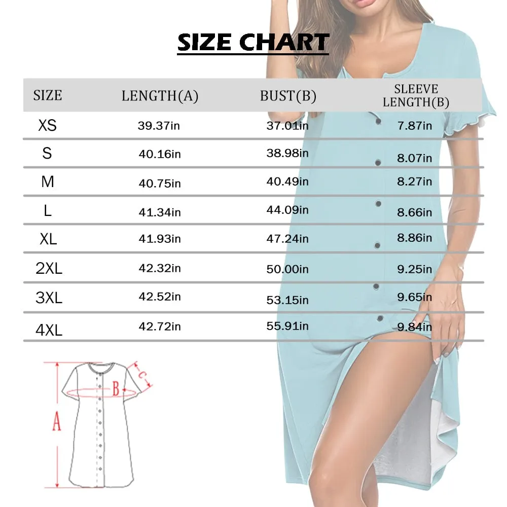 Custom Seamless Face Women's Nightshirt Short Sleeve Button Down Nightgown V-Neck Sleepwear Pajama Dress