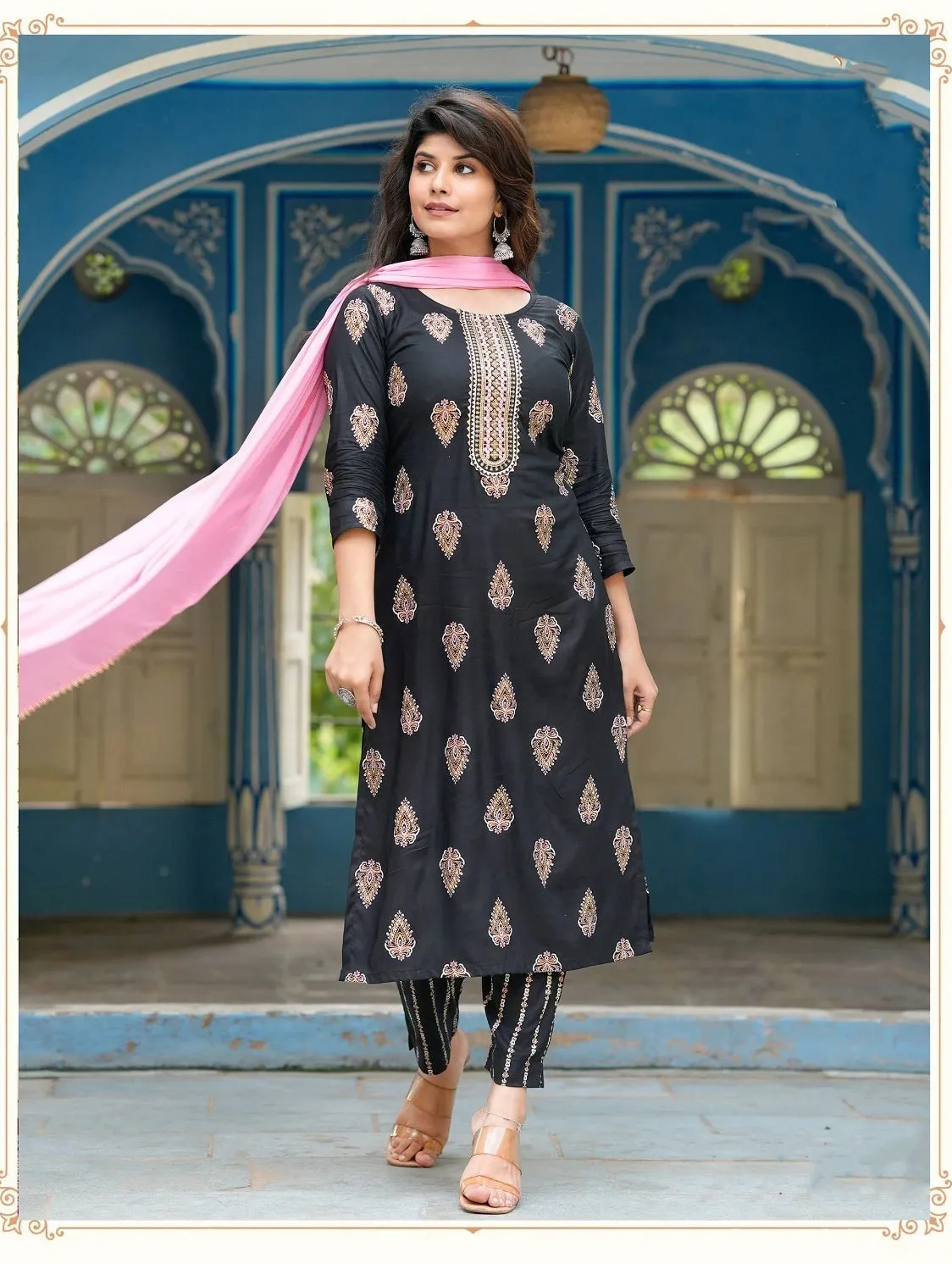 Dazzling Black Colored Rayon With Gold Fancy Printed Embroidery Work Kurti With Dupatta Sets For Women