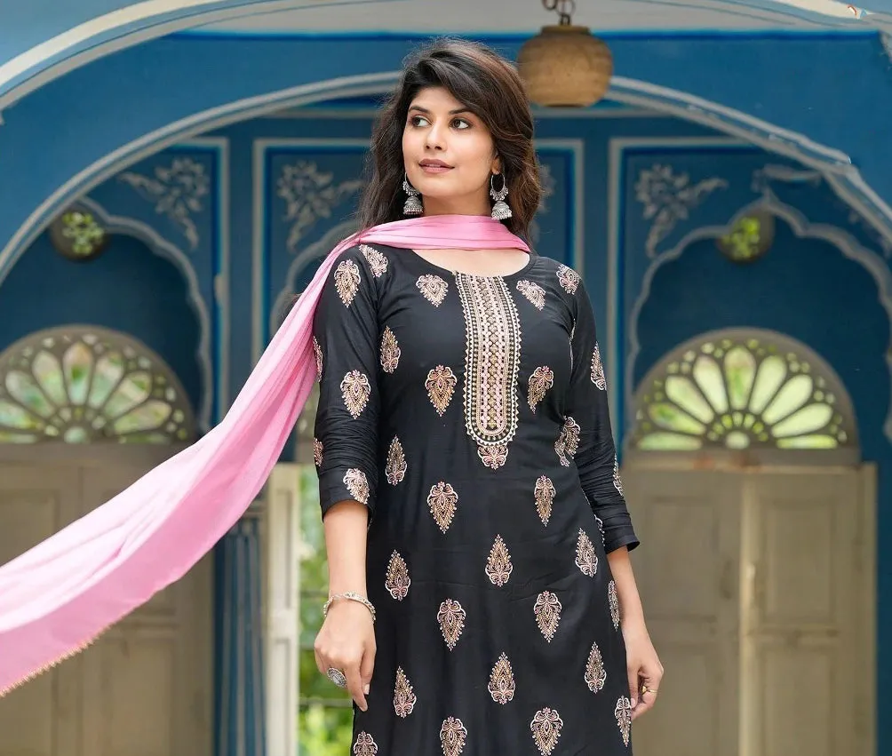 Dazzling Black Colored Rayon With Gold Fancy Printed Embroidery Work Kurti With Dupatta Sets For Women