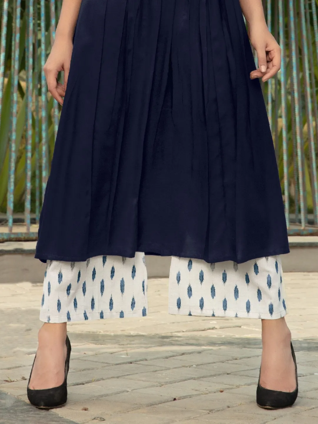 Delightful Dark Blue Yoke Printed Cotton Kurti With Cotton Palazzo