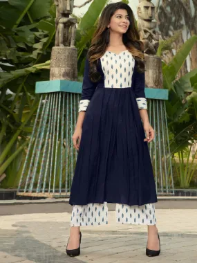 Delightful Dark Blue Yoke Printed Cotton Kurti With Cotton Palazzo