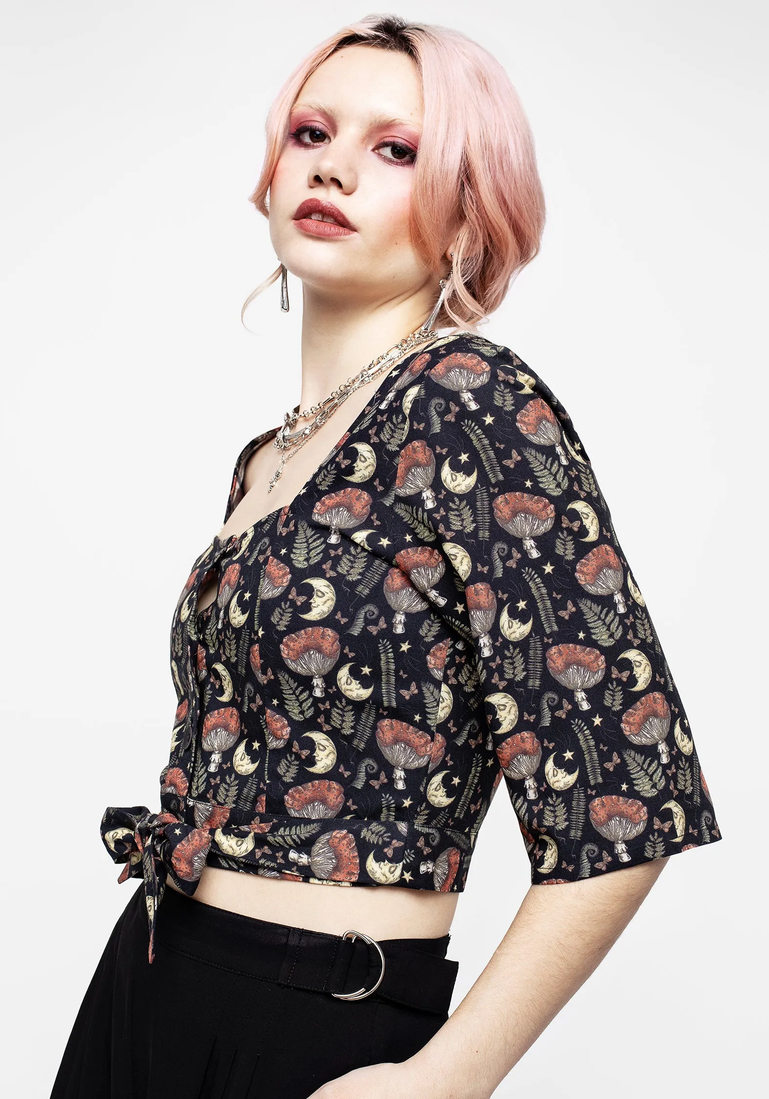 Dreamfast Mushroom Moon Print Button Up Tie Crop Top