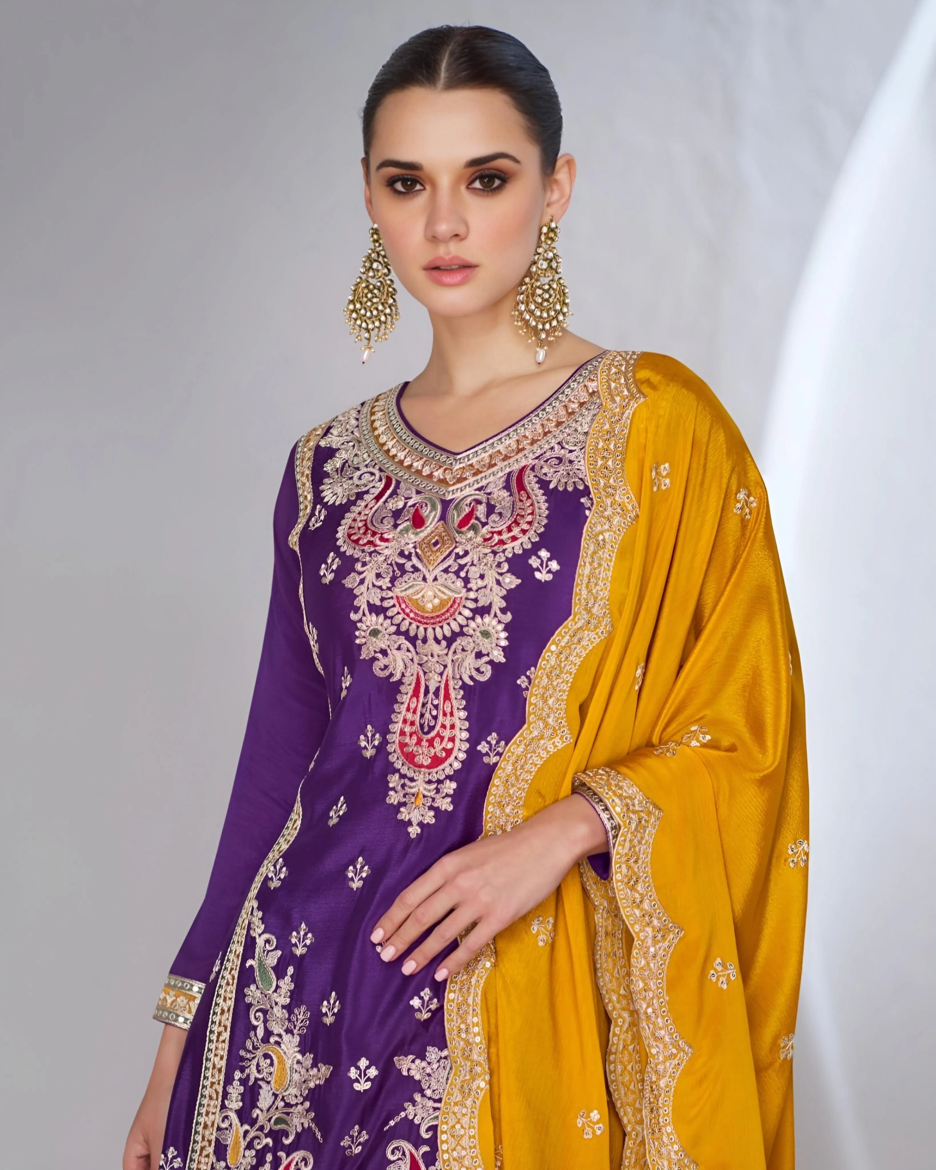 Embroidered Chinon Silk Palazzo Suits Violet