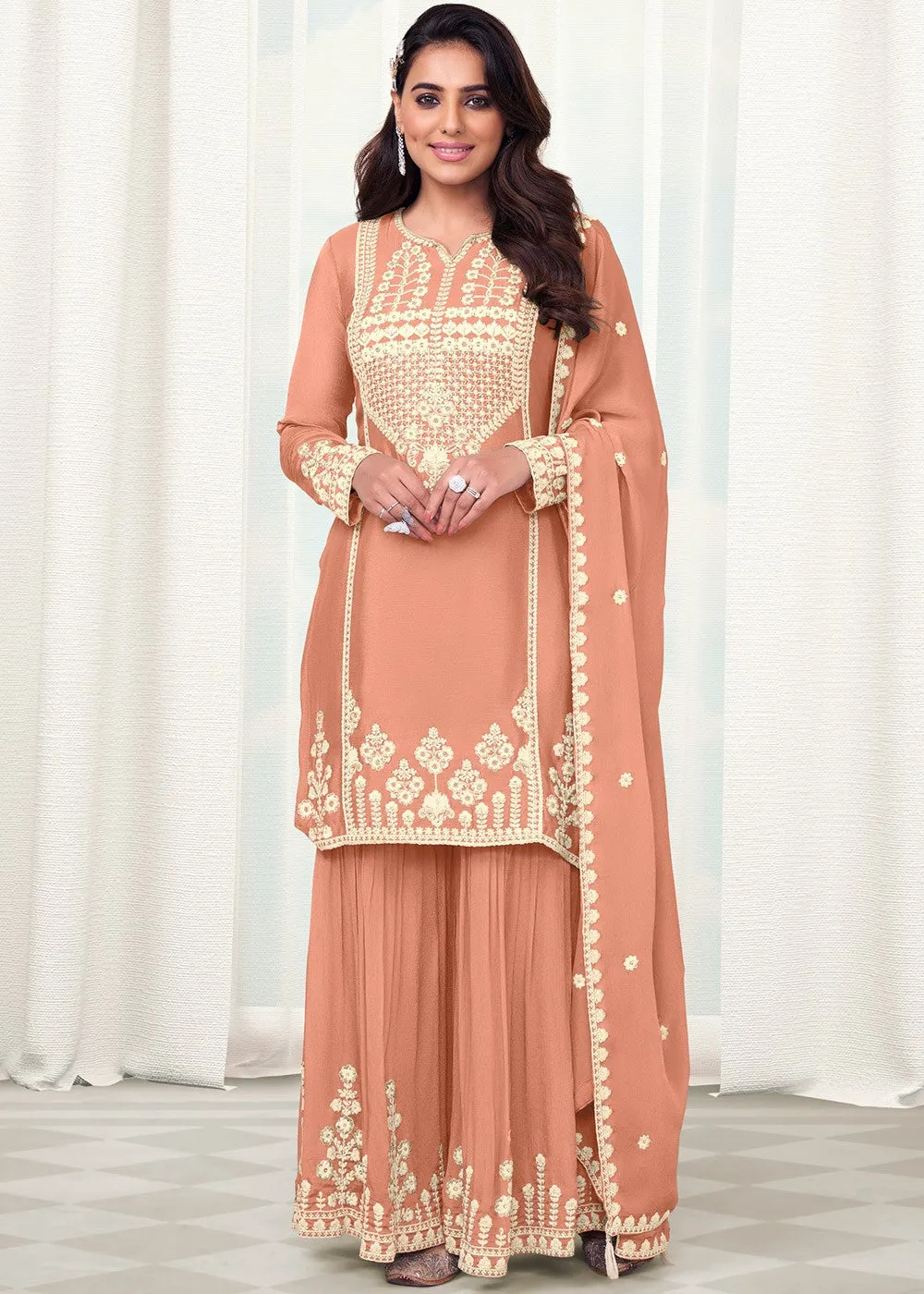 Fascinating Peach Color Party Wear Designer Palazzo Suits With Embroidery Work