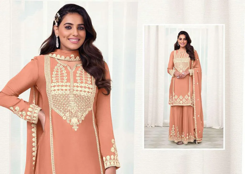 Fascinating Peach Color Party Wear Designer Palazzo Suits With Embroidery Work