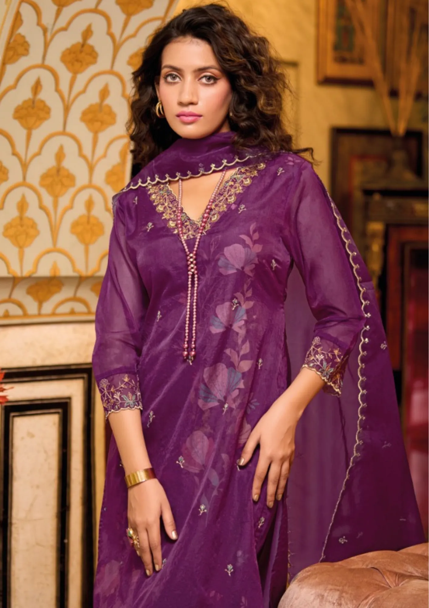 Gorgeous Violet Color Embriodery & Handwork on Organza kurti With Pant