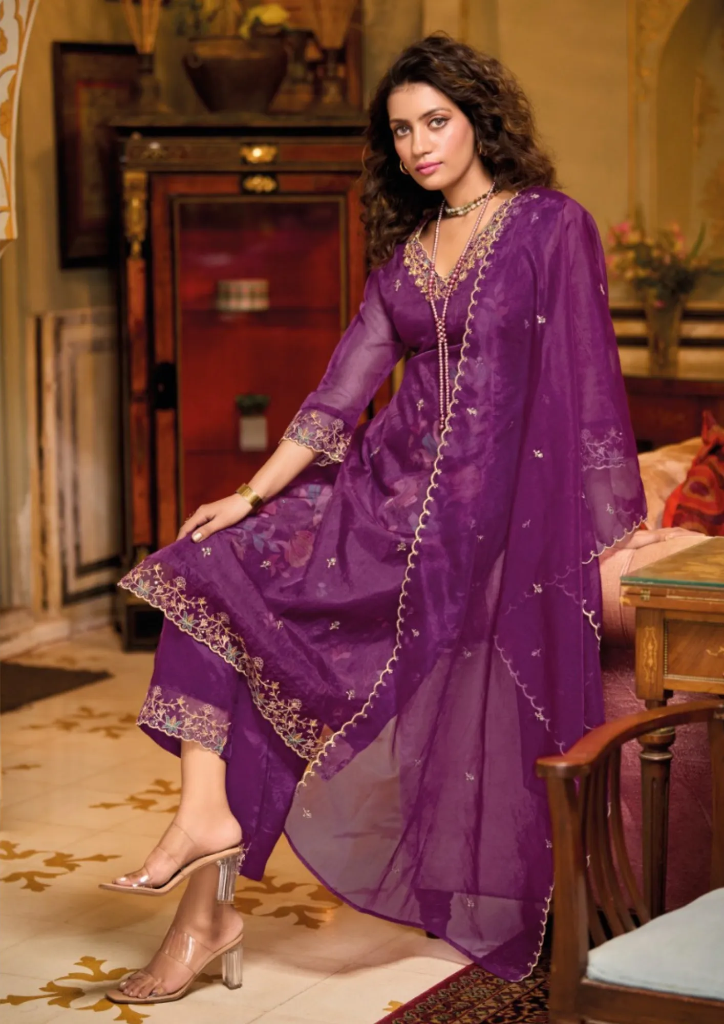 Gorgeous Violet Color Embriodery & Handwork on Organza kurti With Pant