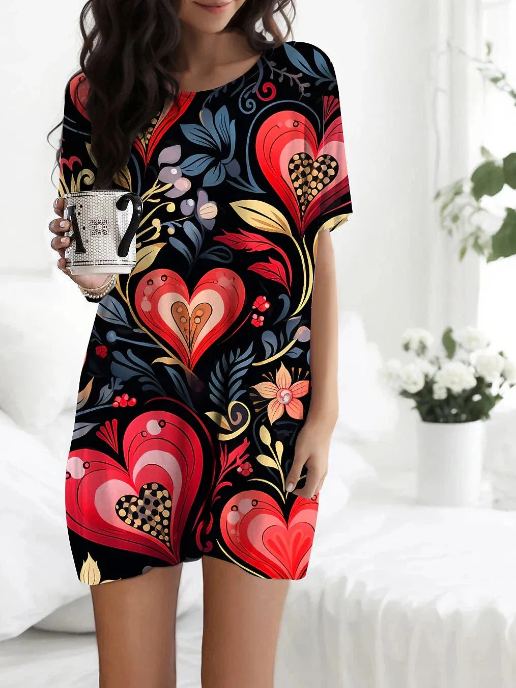 Heart Print Fleece Nightgown Bundle with Hooded Cardigan