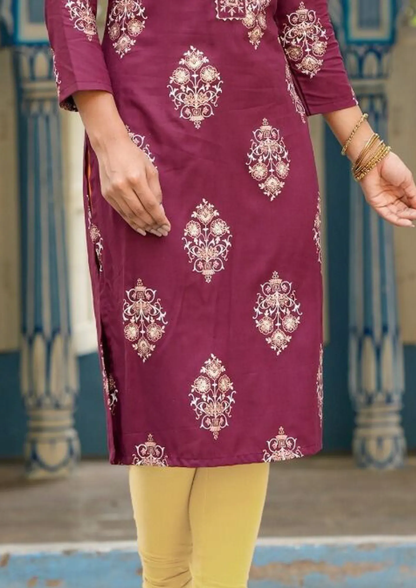 Heavenly Pink Color Rayon Gold Printed Design Kurti With Fancy Embroidery Work