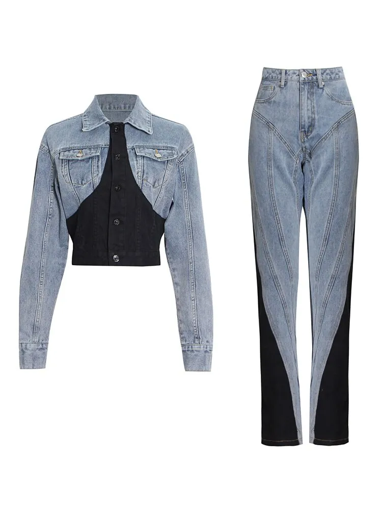 Irregular Design Denim Sets Hit Color Patchwork Denim Two Piece Sets