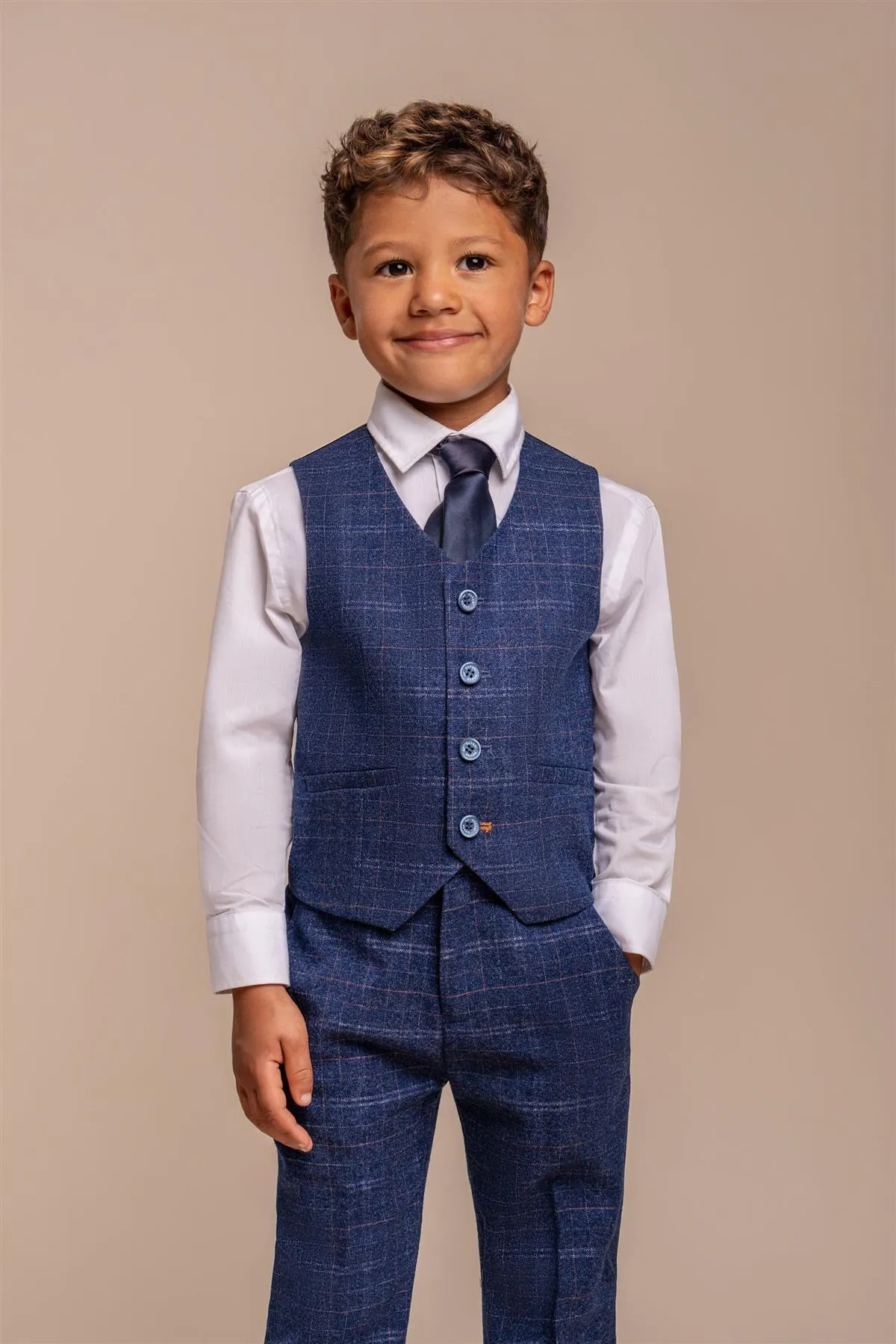 Kaiser Blue Check Boys Three Piece Suit