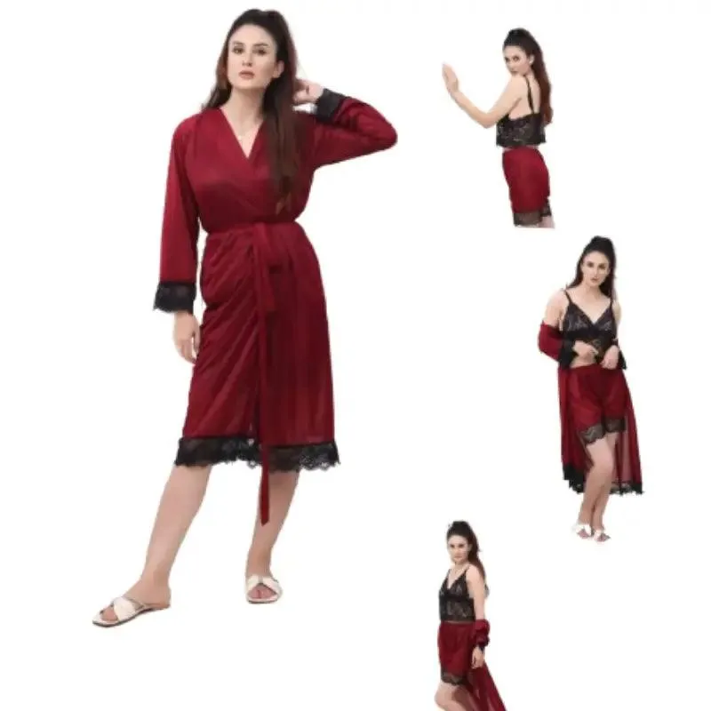 Ladies Lingeries Dressing Sleep Robe Silky Lace  Sleepwear with Belt