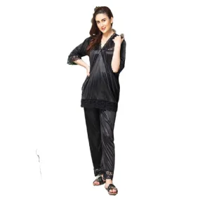 Ladies Nightdress Women Silk Nightwear Woman Silk Night Shirt Pajama Set Ladies Homewear Black